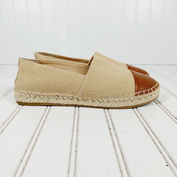 J. McLaughlin Cream Brown Canvas Leather Redding Cap Slip On Espadrille E385 - Picture 5 of 16